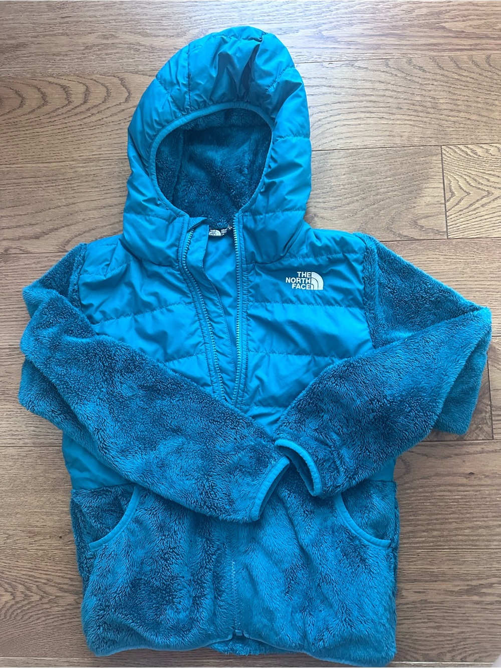 The North Face Kids Teal Hooded Fleece Jacket with Quilted Chest